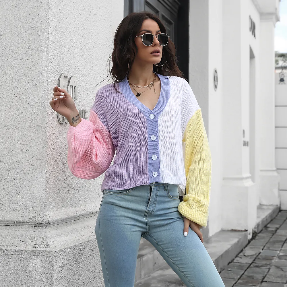 Vintage Contrast Color Patchwork Sweater Casual V-neck Long Sleeve Loose Color Blocking Cardigan For Women