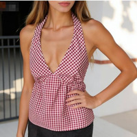 Haut court d'été pour femme, rouge à carreaux, style halter, imprimé personnalisé, grande taille, dos nu, avec nœud à nouer et peplum