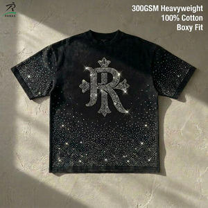 T-shirt Oversize da Uomo in Cotone 100% 300GSM Pesante con Logo Personalizzato, Vestibilità Boxy, Strass e Lavaggio Acido <span class=keywords><strong>Vintage</strong></span> per <span class=keywords><strong>Streetwear</strong></span> - Product Image 1
