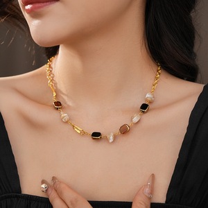 Collier ras du cou pour femme en agate et <span class=keywords><strong>perles</strong></span>, plaqué or, style vintage tendance, vente en gros - Product Image 3