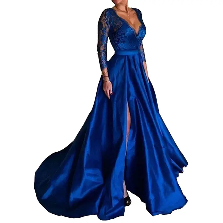 2022 più popolari Plus Size abito da sera blu Royal Appliques di pizzo maniche lunghe abiti da ballo abiti da ballo per la festa a basso prezzo