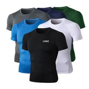 High Quality Athletic Top Quick Dry Slim Muscle Fit T Shirt Mens Gym Shirt Lightweight Sports Elastic Polyester Compress Shirt