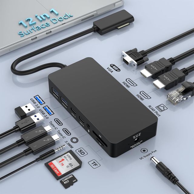 Portable 12-in-1 Triple Display 2 HDMI 4K VGA Surface Docking Station Surface Dock for Surface Book Laptop Go/5/4/3/2/1