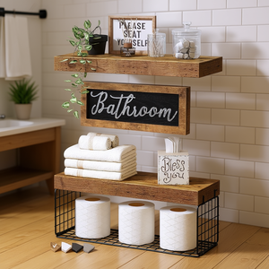 Étagères de salle de bain style farmhouse avec porte-papier toilette, 2 niveaux, en bois et fer, fixation murale, 24 pouces de large, marron - Product Image 2