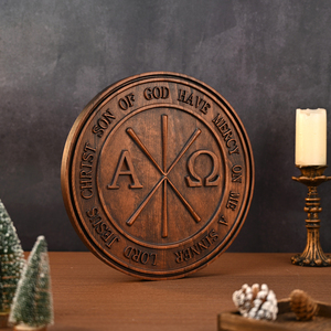 Targa Rotonda in Legno con Nome Sacro di Gesù Cristo, Simbolo Chi Rho Alfa e Omega, Arte Murale con Preghiera in Latino per Decorazione Chiesa - Product Image 2