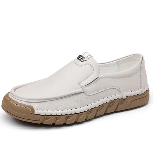 Mocassins en cuir pour hommes à enfiler, bout rond, semelle souple, chaussures décontractées couleur kaki, fermeture facile, style jeune - Product Image 5