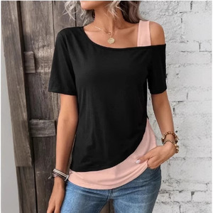 Chic Color Blocking manga corta Mujer Color sólido fuera del hombro camiseta asimétrica mujer verano Casual Tops - Product Image 2