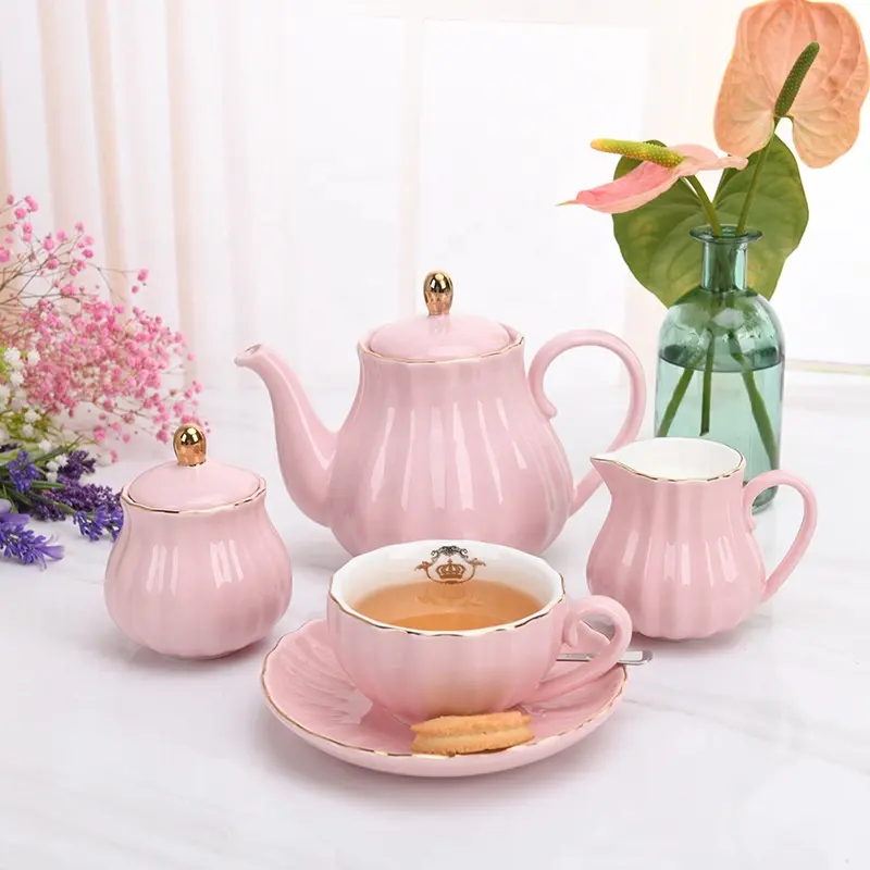 Service à thé et à café rose en céramique, ensemble théière de luxe, soucoupe, avec sucrier