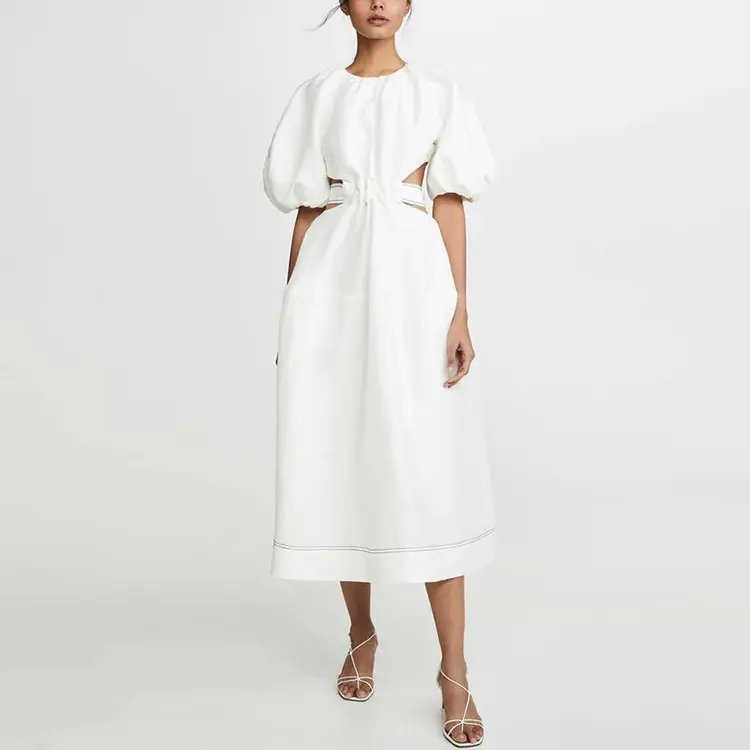 OEM женская осенняя одежда западный дизайн с поясом с пышными рукавами вырез пляжное платье средней длины для отпуска скромное женское белое льняное длинное платье