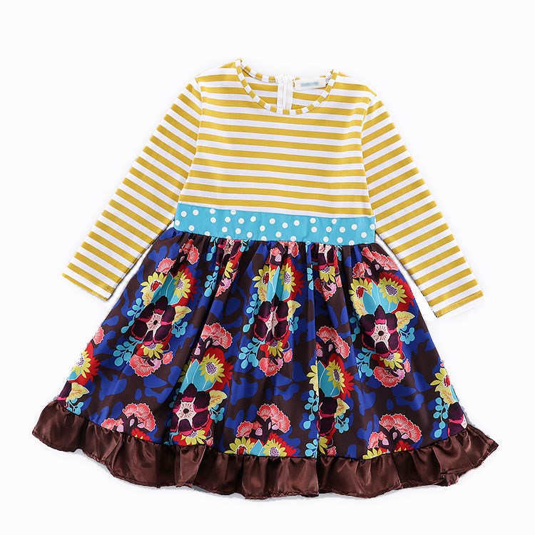Плиссированные платья в полоску на весну и осень, платье с длинным рукавом и цветочным принтом для маленьких девочек