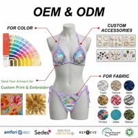 Ensemble de bikinis deux pièces à sequins arc-en-ciel, design personnalisé par le fabricant, respectueux de l'environnement, avec haut triangle à nouer sur le côté et bas string à fines bretelles.