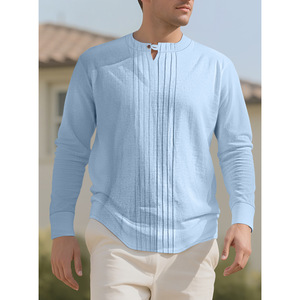 Chemise à manches longues et col rond pour hommes, en coton et lin, respirante, coupe ample, pull-over pour le printemps, l'automne et l'été, vêtements de loisirs - Product Image 1
