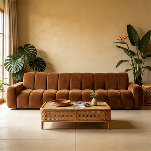 Sofá Modular Estilo Camaleón de Terciopelo Caramelo, Diseño Vertical Acolchado de Perfil Bajo para Sala de Estar - Product Image 1