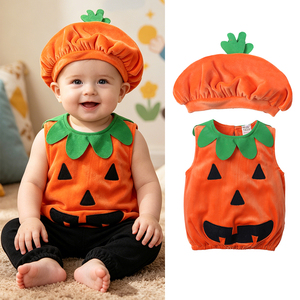 Abbigliamento per neonati a tema zucca per Halloween, vestiti per bambini e bambine, abiti senza maniche per neonati, magliette + cappello abbinato - Product Image 1
