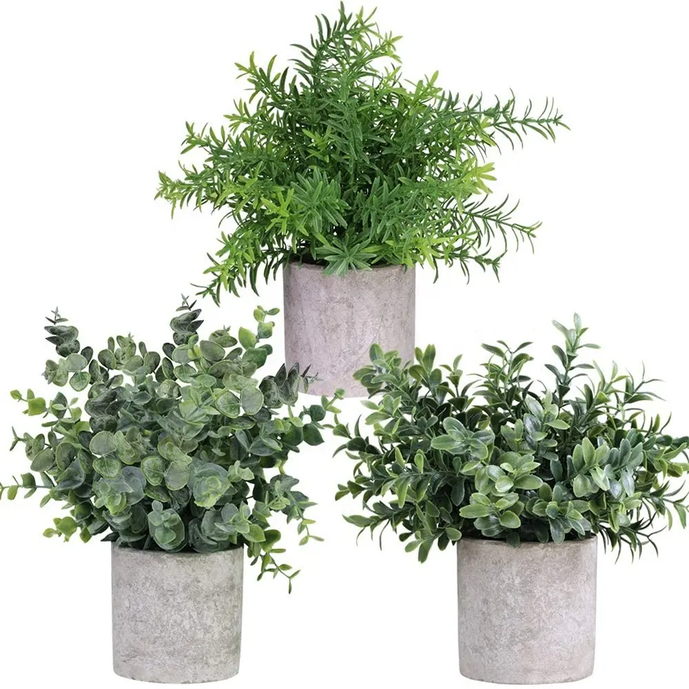 wholesale 8.3"-9" Mini Potted Plants Artificial Eucalyptus Boxwood Rosemary Greenery in Pots