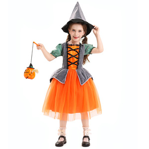 Robe de sorcière classique à motif citrouille, jupe en maille orange, costume d'Halloween, tenue de spectacle pour filles - Product Image 5