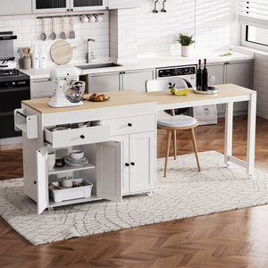 Isla de Cocina Moderna Ecológica K&K de 74.5 Pulgadas con Mesa de Comedor Extensible sobre Ruedas, Estante para Especias Portátil Impermeable, 2 Cajones - Product Image 3