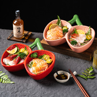 Dingyue Plat de service en céramique et porcelaine à deux compartiments, motif fraise rouge rose vif, pour sashimi, plats froids et fruits