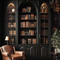 Librería de Madera Maciza Negra, Librería Personalizada para Toda la Casa, para Salas de Estar de Villas, Puerta de Vidrio Arqueada de Madera Maciza Ecológica