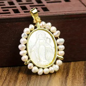 Mặt Dây Chuyền Vỏ Sò Tự Nhiên Cho Nữ Mặt Dây Chuyền Cameo Trinh Nữ Mary Mặt Dây Chuyền Đồng Làm Thủ Công Ngọc Trai