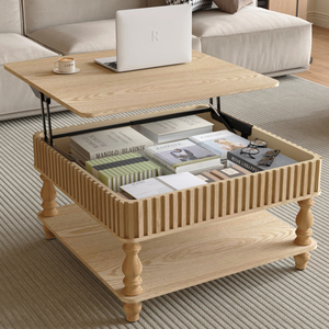 Square Fluted Lift Top Coffee Table 31.5 Inch Hydraulic Raise Retro Wood Legs Hidden <b>Open</b> <b>Storage</b> - Product Image 2