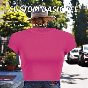 เสื้อครอปท็อปผู้หญิง สีชมพู แขนสั้น คอกลม ผ้าถักรัดรูป ระบายอากาศได้ดี ผ้าฝ้ายผสมสแปนเด็กซ์ สวมใส่สบายๆ ในฤดูร้อน - Product Image 2