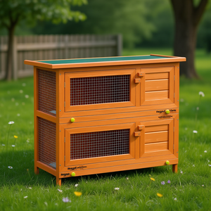 Jaula para conejos de madera grande rectangular marrón con techo verde para exteriores - Product Image 2