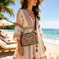 Tas Selempang & Tas Bahu 2-in-1 Bohemian Rice Beads, Tas Kosmetik Motif Bunga Pohon Gajah untuk Wanita & Remaja Putri, Aksesoris Pesta