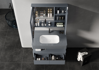 Meuble de salle de bain moderne avec miroir LED en contreplaqué gris, vasque, miroir de maquillage, organisateur de lavabo, meuble sous-vasque en pierre, mural