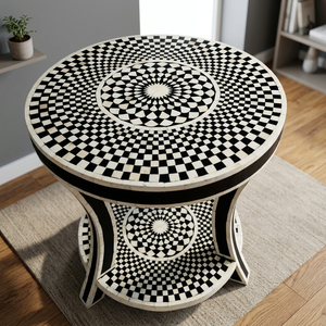 Mesa de Centro Moderna en Blanco y Negro con Diseño Geométrico Incrustado, Hecha a Mano, Ecológica y Fácil de Limpiar, Mueble para Sala de Estar - Product Image 1