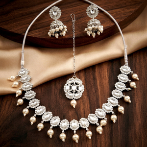 Parure de bijoux de luxe en perles et argent avec boucles d'oreilles et Maang Tikka pour mariée, mariage et fête, pour femme, ensemble d'exportation OEM - Product Image 1