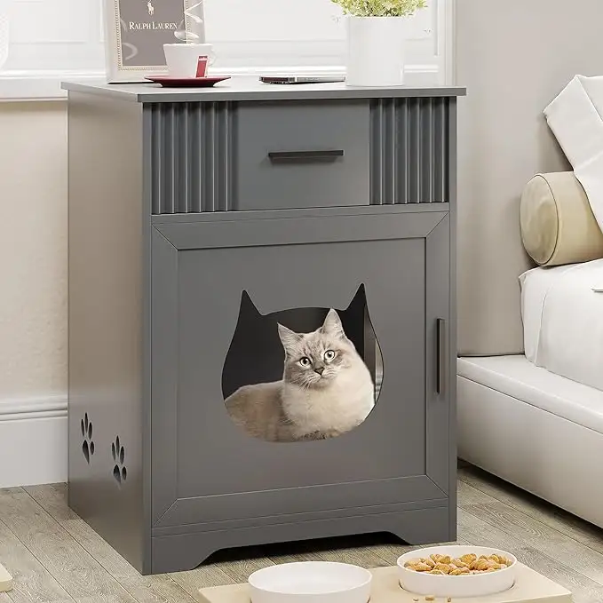 灰色の猫のトイレボックスエンクロージャー: 引き出し付き多機能ペット家具-屋内ペットハウス用の隠しキャビネット