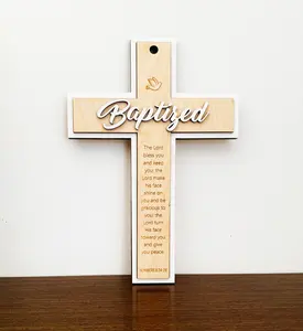 Pafu Wooden Crucifix Engraved Baby Shower Gifts Boys Girls Baptism Items Kids Christening Gift