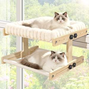Perchoir pour chat à double niveau pour fenêtre, cadre en bois réglable avec coussin doux et chaud doublé de peluche, hamac pour chats d'intérieur - Product Image 1