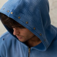 Nouveau sweat à capuche zippé en maille gaufrée délavée dégradée style vintage avec clous métalliques et trous usés pour homme, streetwear