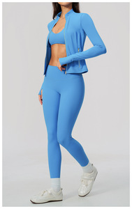 Women Blue Sporty 2 Piece Set Sleeveless Zipper Jacket Short <b>Top</b> High Waist Leggings Striped Knitted Spandex Polyester - Product Image 3