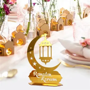 Escultura em acrílico dourada para mesa e mesa, peça central de decoração em forma de lua, Eid Mubarak, produto decorativo de luxo com corte a laser