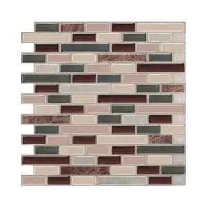 Mosaico autoadhesivo de estilo de tira larga, azulejos de pared de mármol marrón y salvia verde, decoración del hogar para cocina y baño, contra salpicaduras