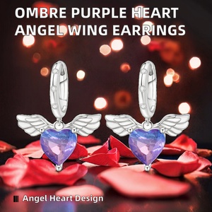 Pendientes de moda con diseño de corazón y alas de ángel en ombre morado CZ, chapados en rodio, tipo Huggie Hoop, joyería de latón a la moda para mujer, regalo. - Product Image 2