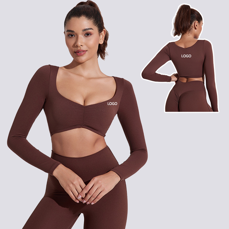 Custom Logo Women Long Sleeve Yoga Crop Top Ruched Front Pleated Quick Dry Breathable Gym Fitness & Yoga Wear Womens Sportswear