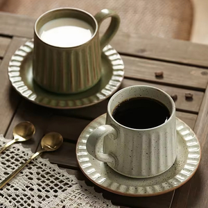 Vintage Retro Reactive Glazed Ceramic <strong>Cup</strong> and Saucer Set Custom Coffee Tea Mug Elegant Ribbed Drinkware for Home Gift Wholesale - Product Image 6