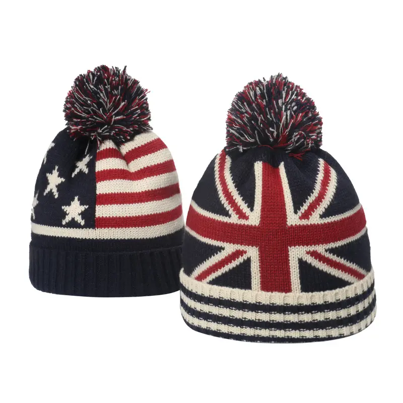 Custom Logo Winter Warm Outdoor Manchet Winddicht Uk Amerikaanse Vlag Ster Gestreepte Jacquard Gebreide Muts Muts Met Pom Pom