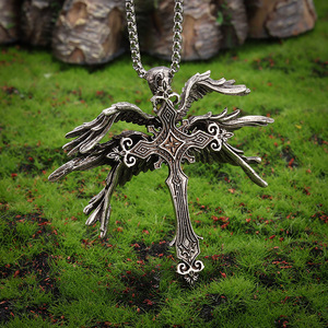 Collana con Pendente Gotico Punk da Uomo, Teschio e Croce Retrò, Gioiello in Lega con <span class=keywords><strong>Ali</strong></span> d'Angelo, Stile Dark Fashion, Collana Statement Vintage, Regalo - Product Image 1