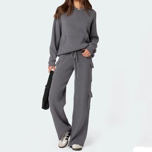 Nouveautés ensemble de pulls en tricot pour femmes couleur unie coupe ample à la mode à capuche anti-boulochage poche anti-boulochage pour femmes - Product Image 3