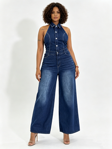 Combinaison en <span class=keywords><strong>jean</strong></span> à jambes larges pour femme, col licou, dos nu sexy, boutonnée, style salopette, tendance, avec revers, tenue en <span class=keywords><strong>jean</strong></span> une pièce - Product Image 4