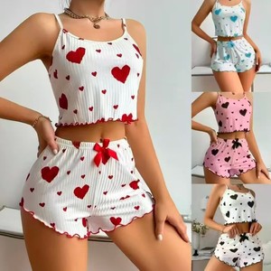 High Quality <b>Summer</b> Sexy White <b>Pyjamas</b> Heart Print Cami & Shorts Lady Sexy Night Suit 2pcs Women Pajamas Set - Product Image 6