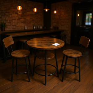 Ensemble de tabourets de bar ronds rustiques avec dossier, diamètre 23,6 pouces, en bois et métal, pour usage commercial - Product Image 2