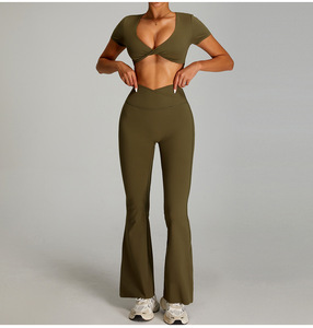 Women Twist Front Deep V <b>Crop</b> Yoga <b>Top</b> Hollow Back Short Sleeve Built In Padded Bra Workout Tee Slim Fit Pilates Athletic Shirt - Product Image 4