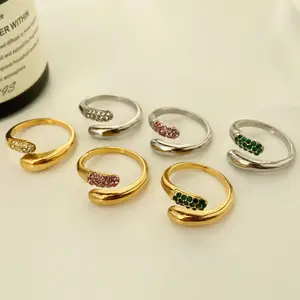 Delicate pink green white tricolor zircon simple new snake-shaped open ring titanium steel index finger ring