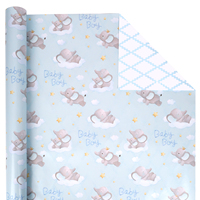 Rouleau de papier cadeau décoratif en cuivre artisanal, motif éléphant bleu clair, double face, grille bleue, recyclable, pour les fêtes des petits garçons